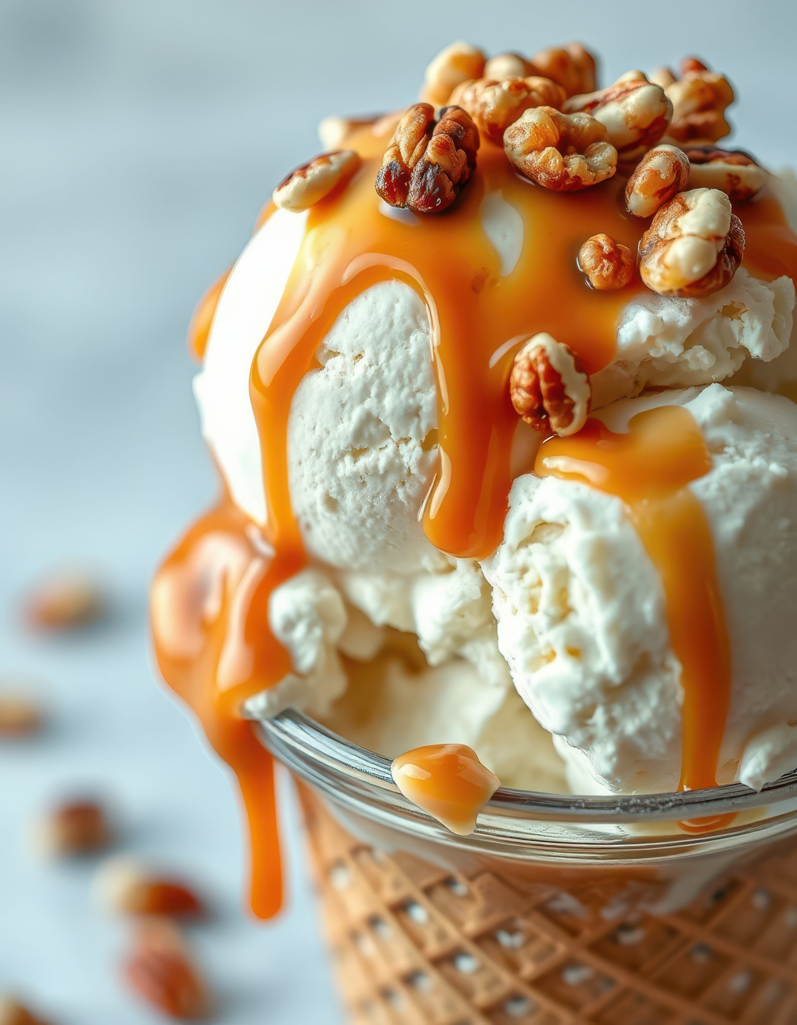 Indulgent scoop of vanilla ice cream topped with caramel sauce and crunchy nuts served in a waffle cone